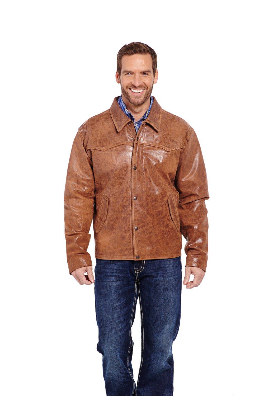 Cripple Creek Mens Saddle Brown Leather Cracked Snap Jacket