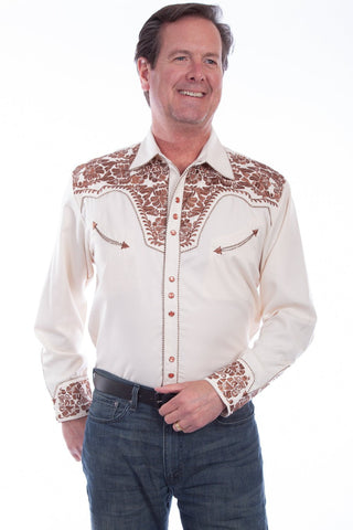 Scully Mens Shirt Western Natural Poly Blend Floral Tooled Stitch L/S ...