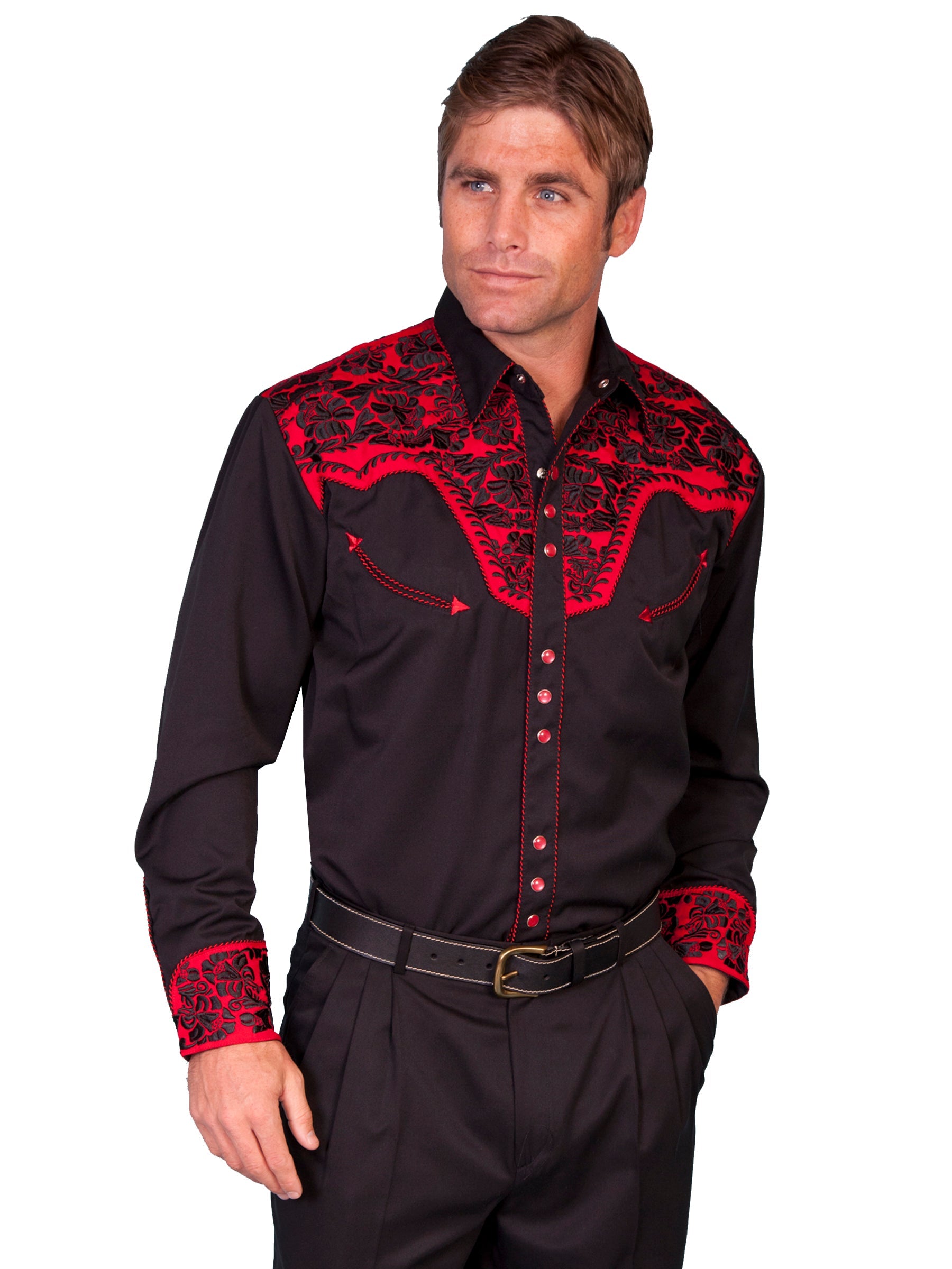 Scully Mens Shirt Western Tomato Poly Blend Floral Tooled Stitch L/S ...