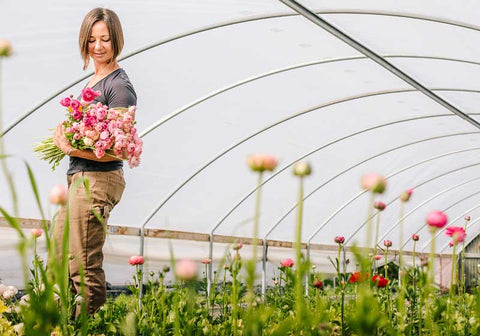 Flower farmer holding bouquet of flowers in greenhouse