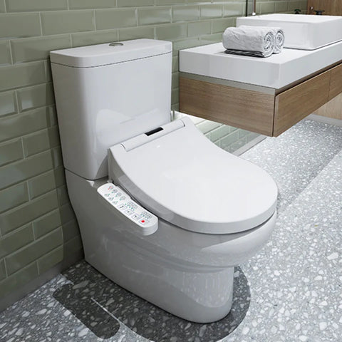  a smart toilet seat inside a modern bathroom