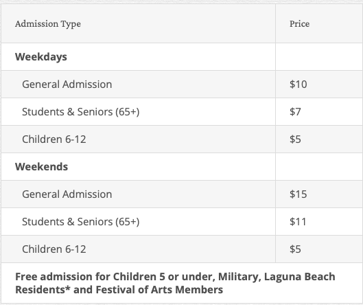 Ticket Prices for Festival of the Arts