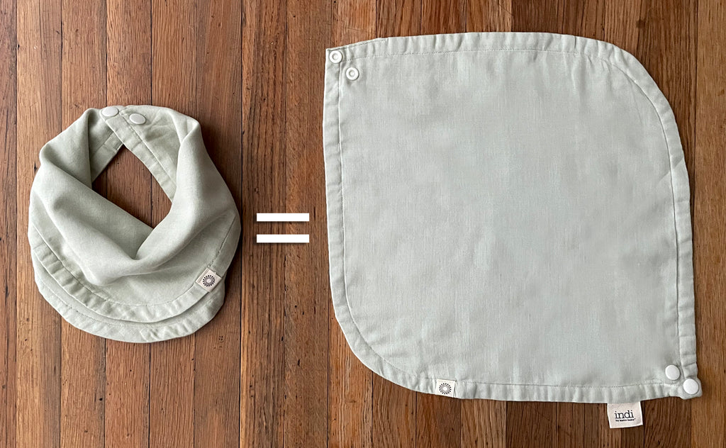 pic shows sage Infinity bib unfolding into a perfect square for additional use as a wipe cloth or burp cloth
