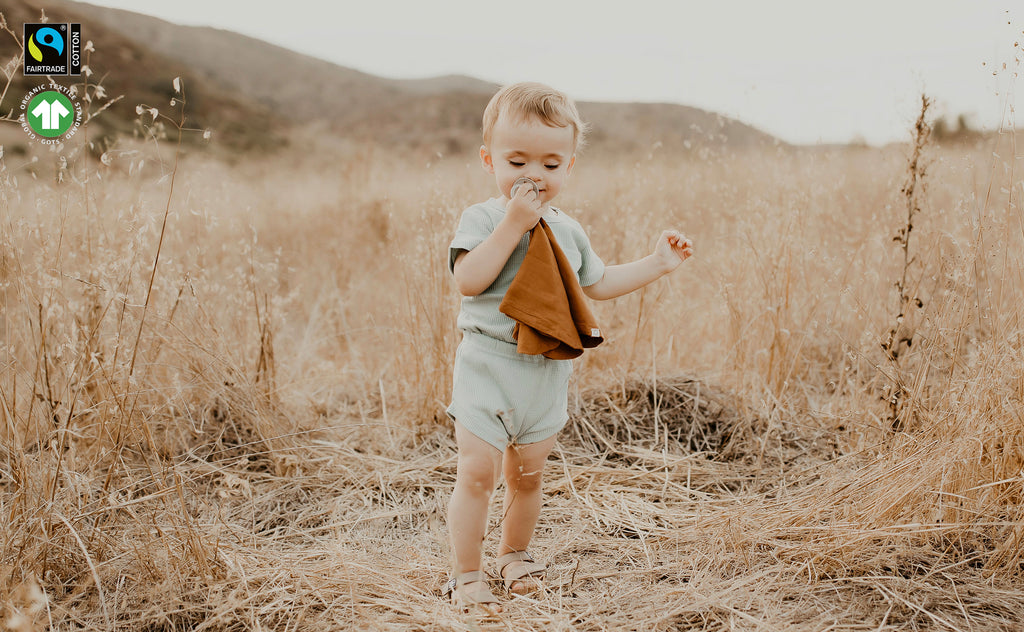 baby boy in open field sucking on baby pacifier attached to mini muslin paci blanket in caramel