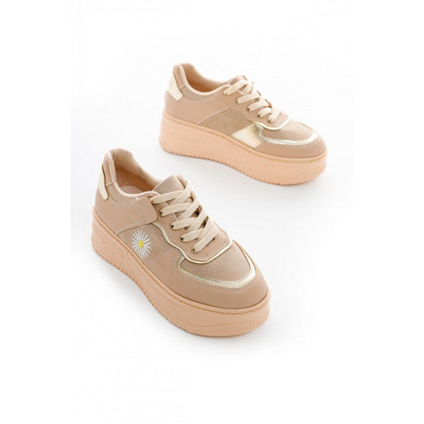 Cheryl Beige Daisy Embroidered Lace-Up Thick Soled Casual Sneakers