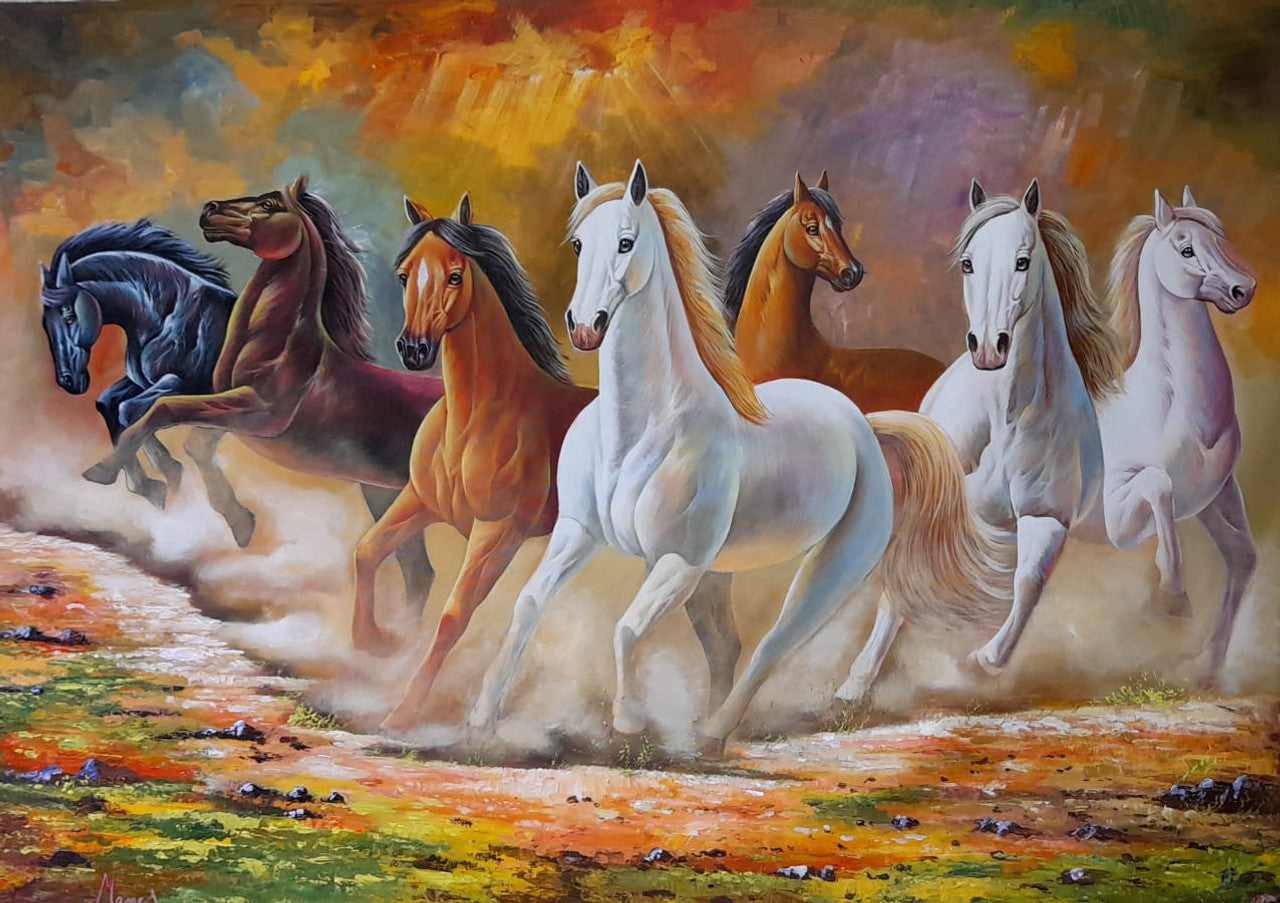 7 Running Horse Lucky Seven Running HorsesSunrise 7 Running Horses  VastuUV Textured Home Decorated Gift Item 6 MM MDF Painting Painting With  FrameBedroom Office Hotels Drawing Room Wooden Painting 14 x 11 inch