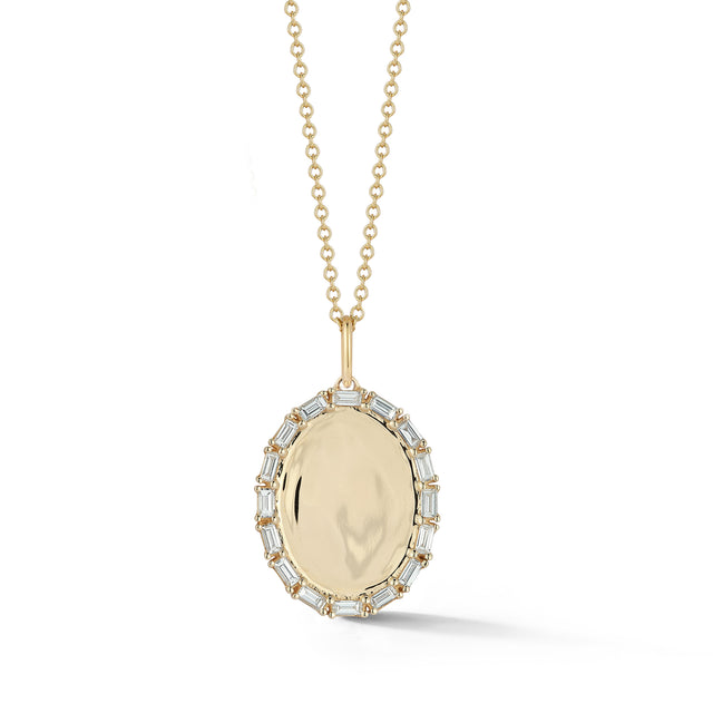 Yellow Gold-1^Designer Diamond Necklaces: Sadie Pearl Baguette Oval Disc Necklace in Yellow Gold Thumbnail-only