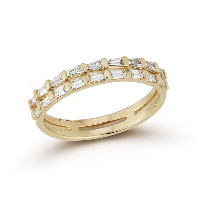 Yellow Gold-1^Diamond Stacking Ring: Sadie Pearl Tapered Baguette Double Row Ring in Yellow Gold