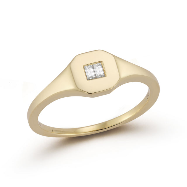 Yellow Gold-1^Diamond Signet Rings: Sadie Pearl Double Baguette Signet Ring in Yellow Gold