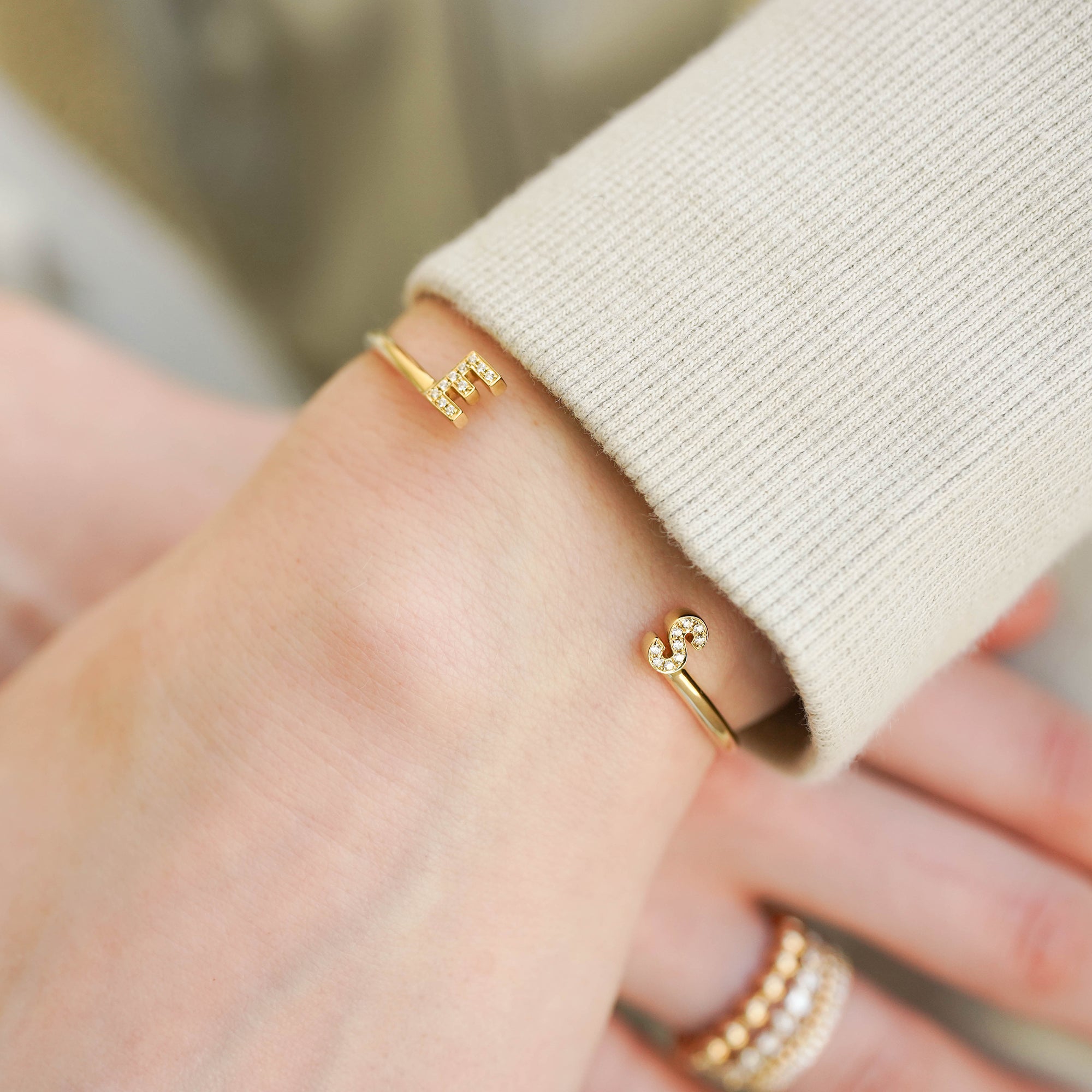 Rose Gold-2^Designer Cuff Bracelets: Custom Gold & Diamond DRD Initial Cuff Bracelet in Rose Gold