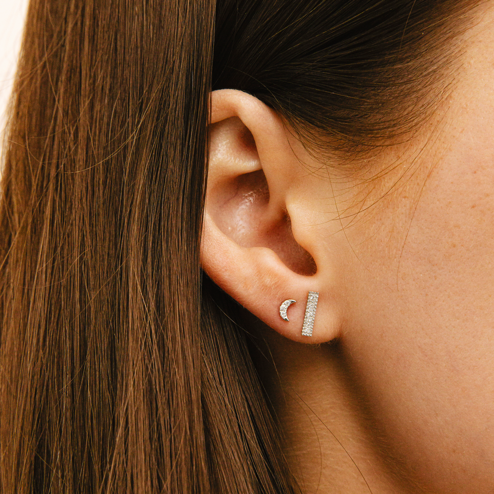 White Gold-2^Designer Stud Earrings: Mini Crescent Moon Studs in White Gold