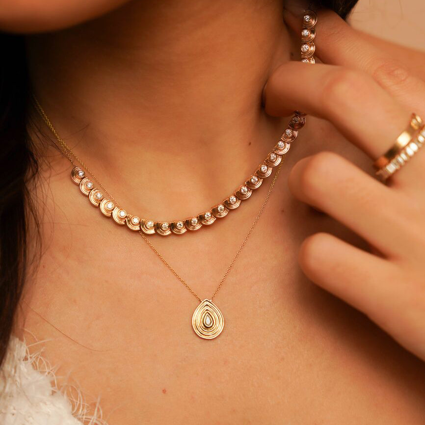 Yellow Gold-2^Diamond Pendant Necklaces: Nana Bernice Pear Diamond Groove Necklace in Yellow Gold