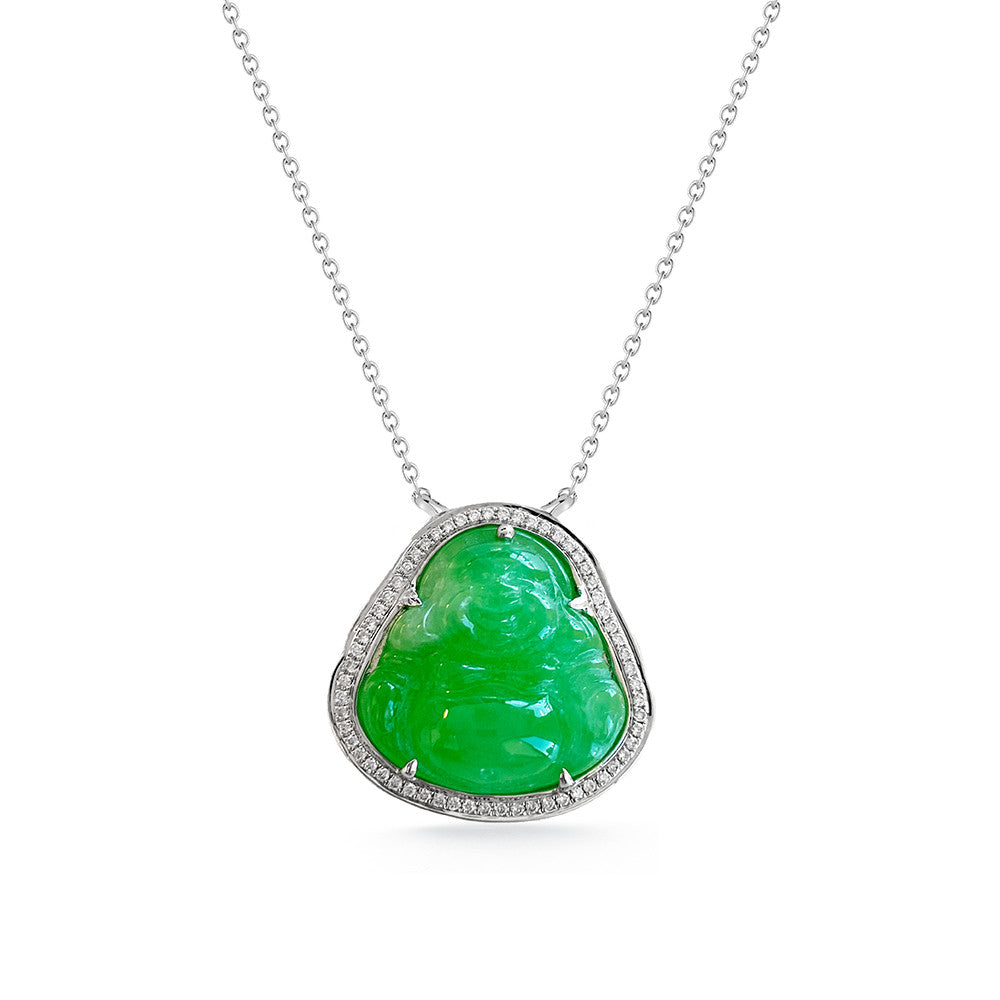 Green Jade Buddha with white gold diamond halo 