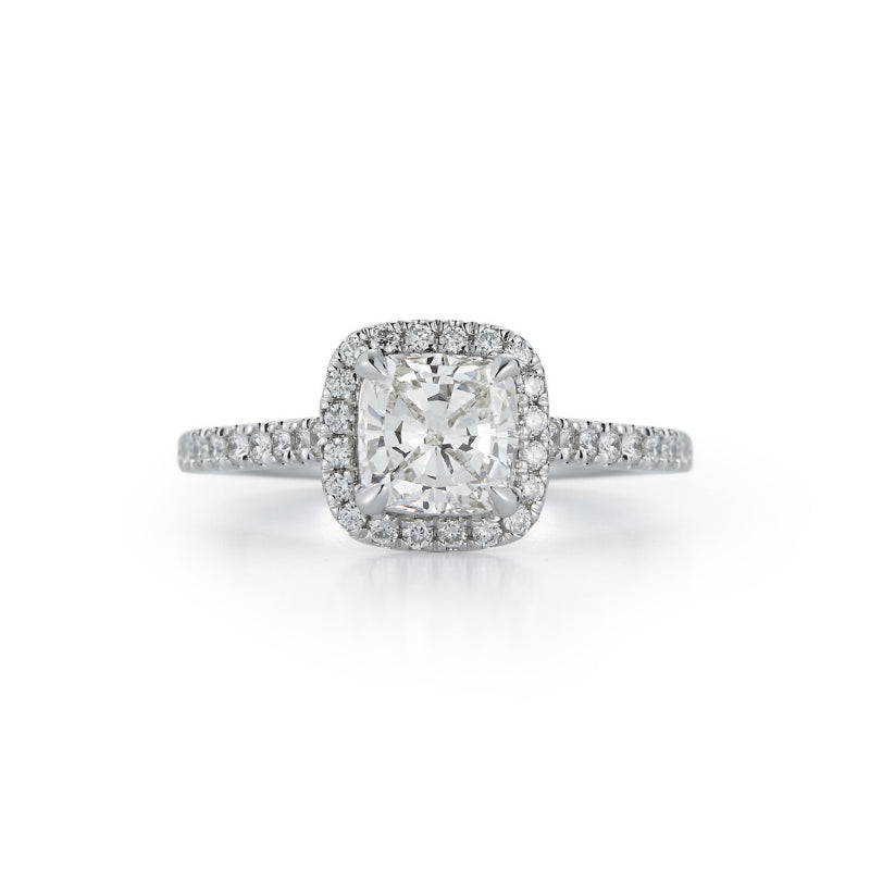 Diamond Engagement Rings: Halo Pavé Cathedral Engagement Ring with 1.04 ct. Cushion