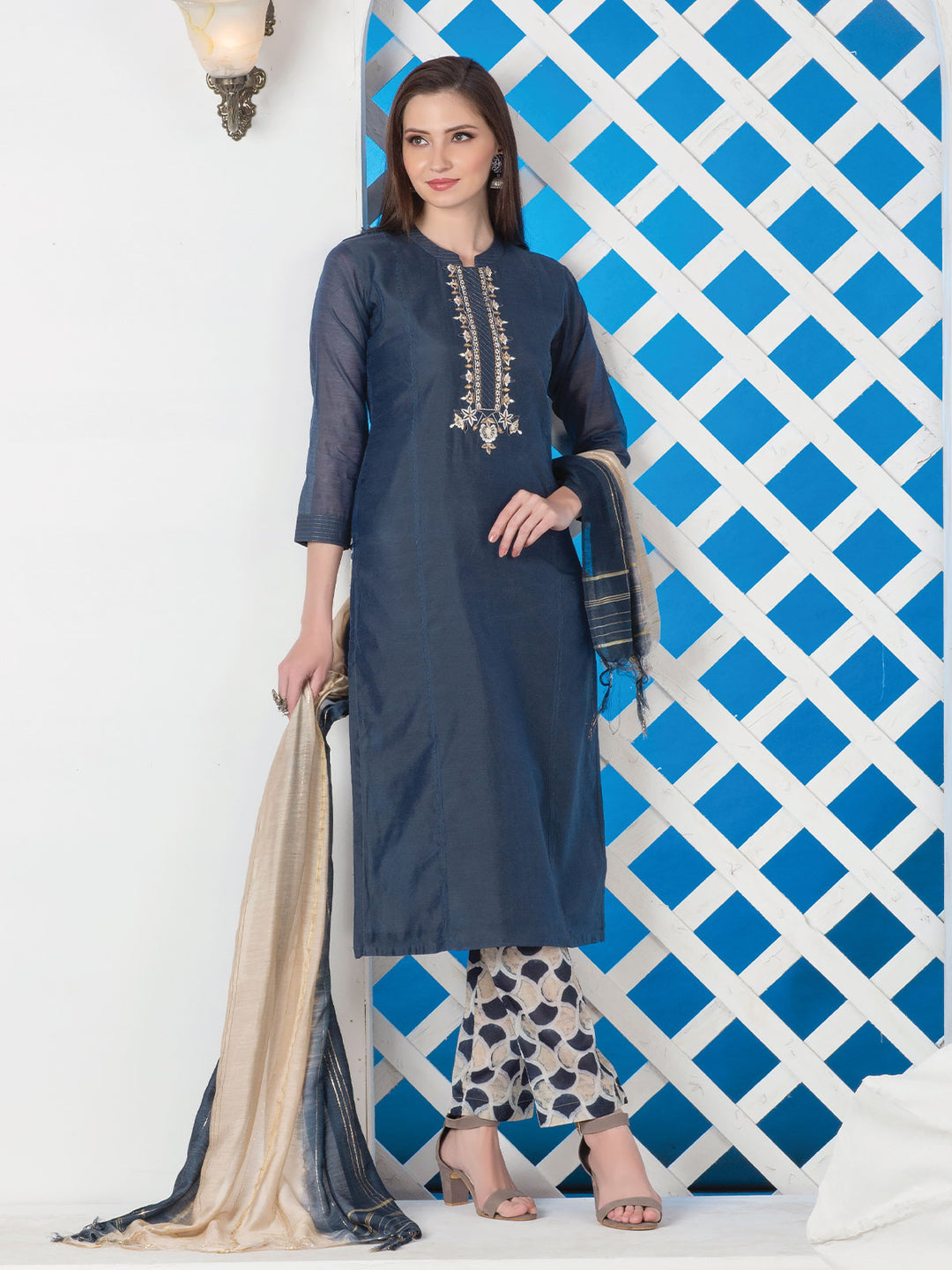 Buy Online Embroidered Chanderi Cotton Pant Style Suit in Green : 59527 