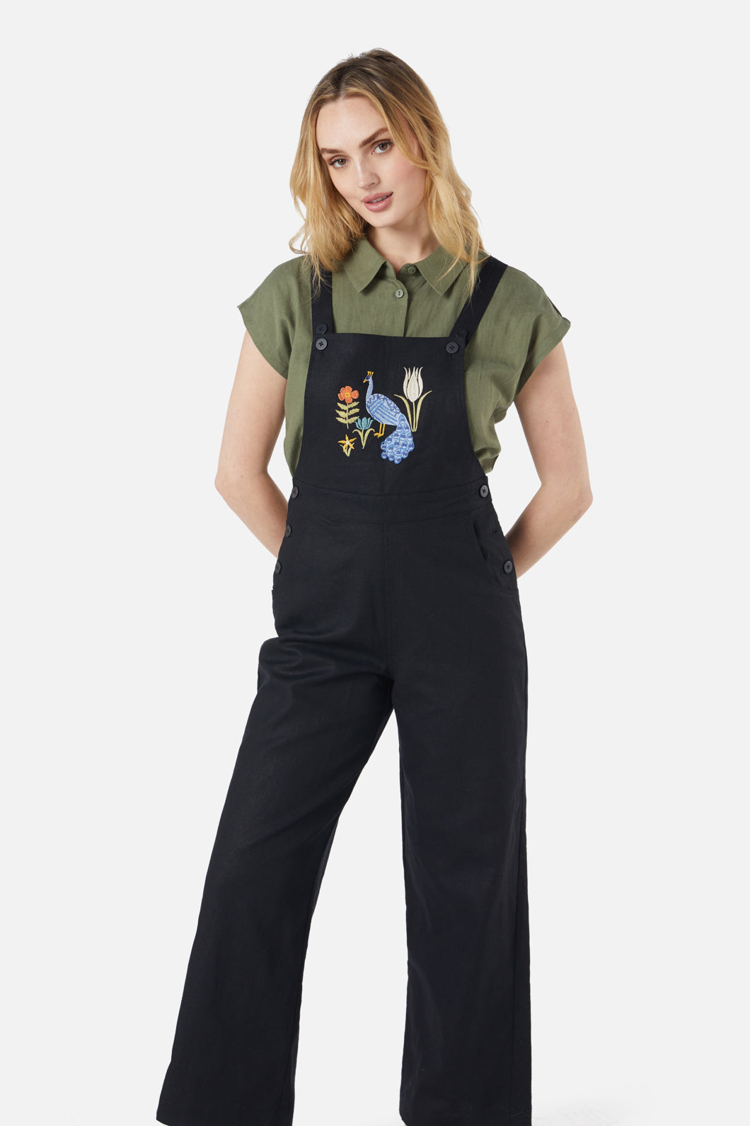 Peacock Embroidered Overalls