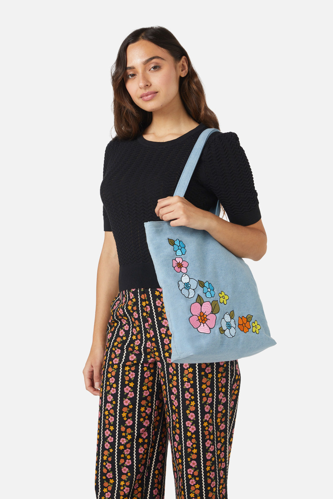 Petal Embroidered Denim Tote