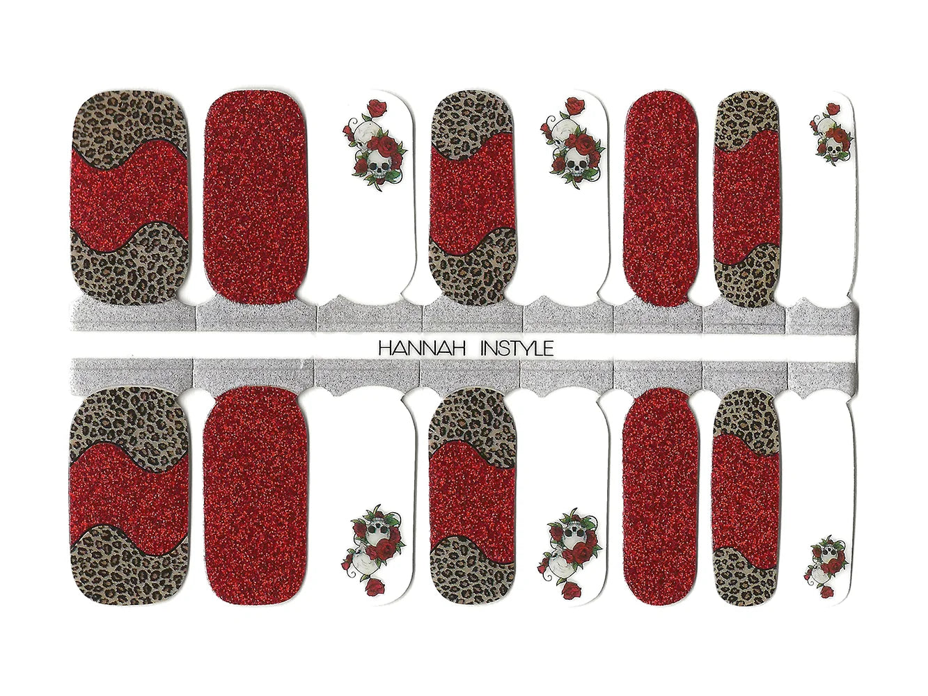 Skulls and Roses with Leopard print and Red Glitter - Exclusive Nail Wrap Set