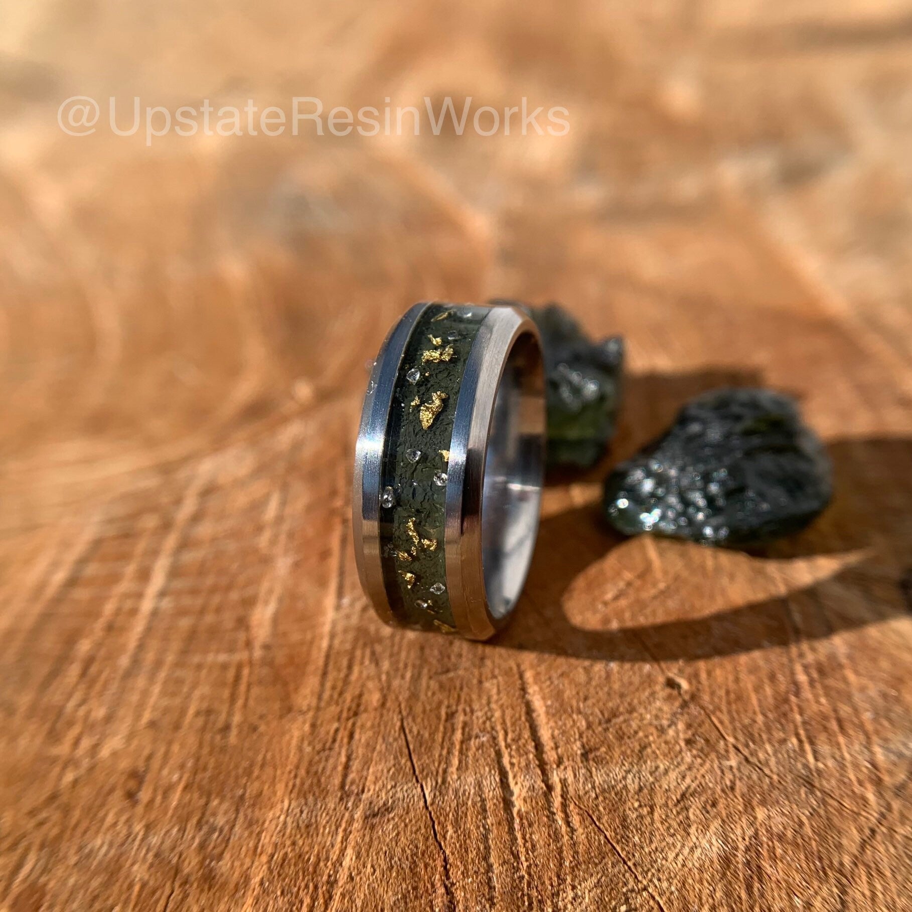 Moldavite ring, gold and band, Tektite ring, – Upstate Resin Works LLC