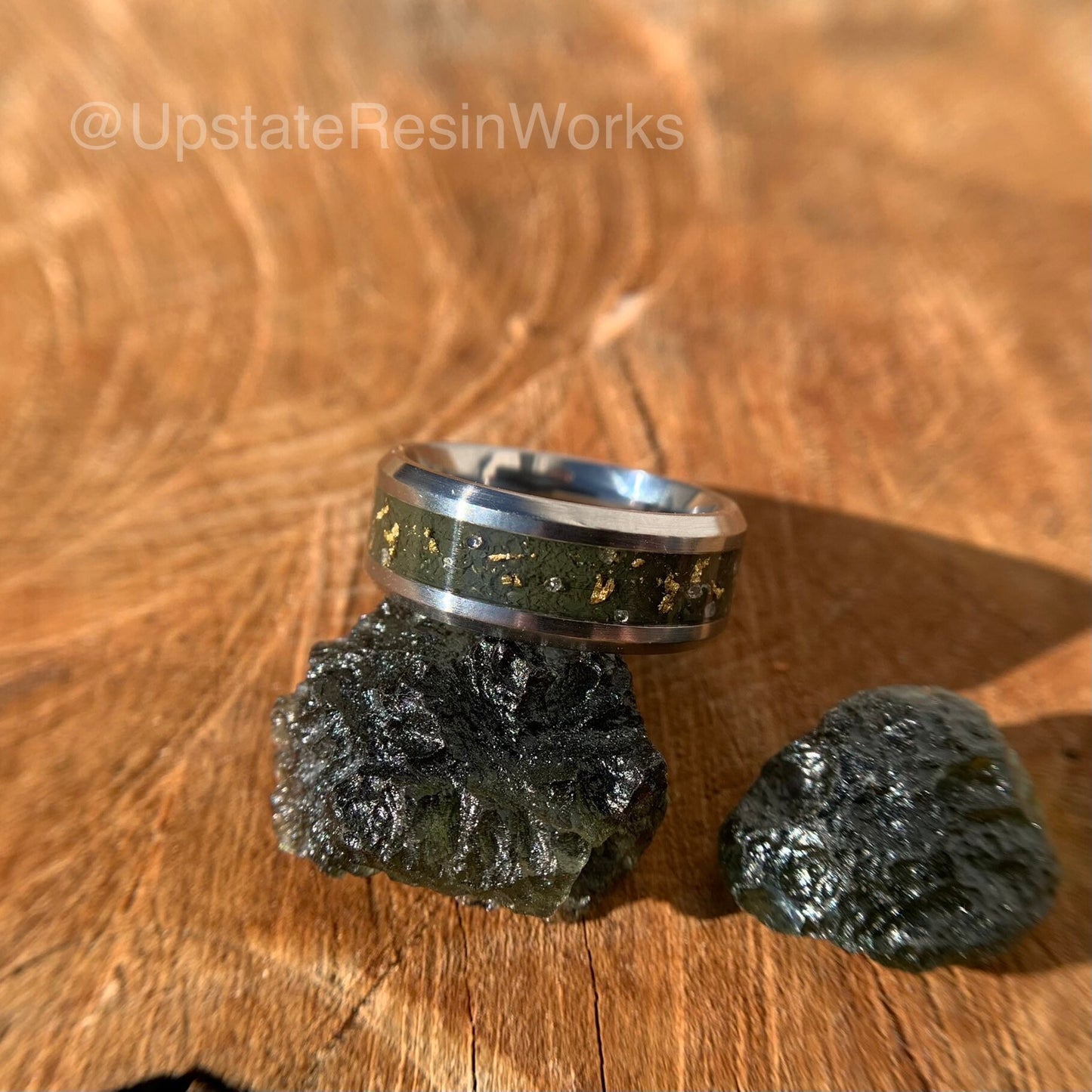 Moldavite ring, gold and band, Tektite ring, – Upstate Resin Works LLC