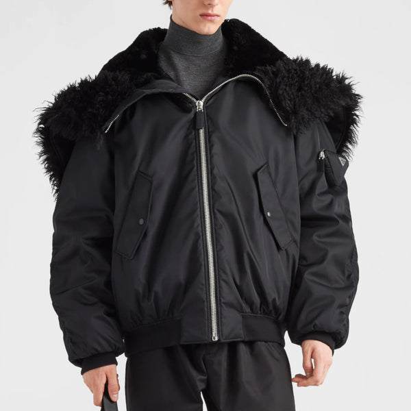 Prada 2020 Black Re-Nylon Gabardine Long Coat with Dye Sheep Fur