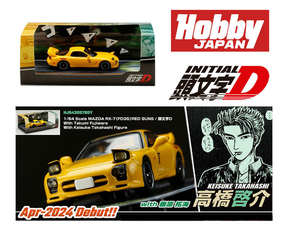 HOBBY JAPAN 1/64 Mazda RX-7 (FD3S) Red Suns / INITIAL D vs Takumi Fujiwara with Keisuke Takahashi Figure Inside the car