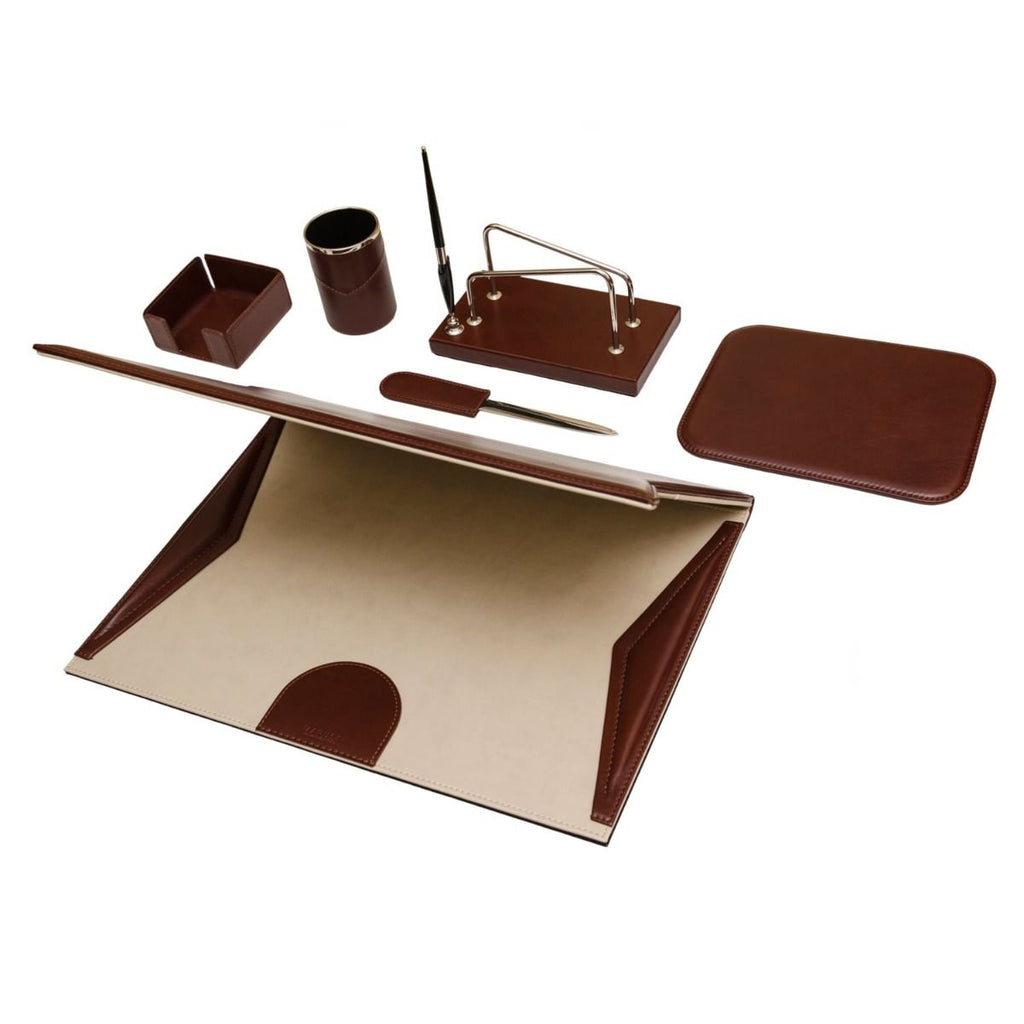 Set di tappetini da scrivania Luxury 8 pezzi per scrivania da ufficio -  (Noce + pelle marrone)