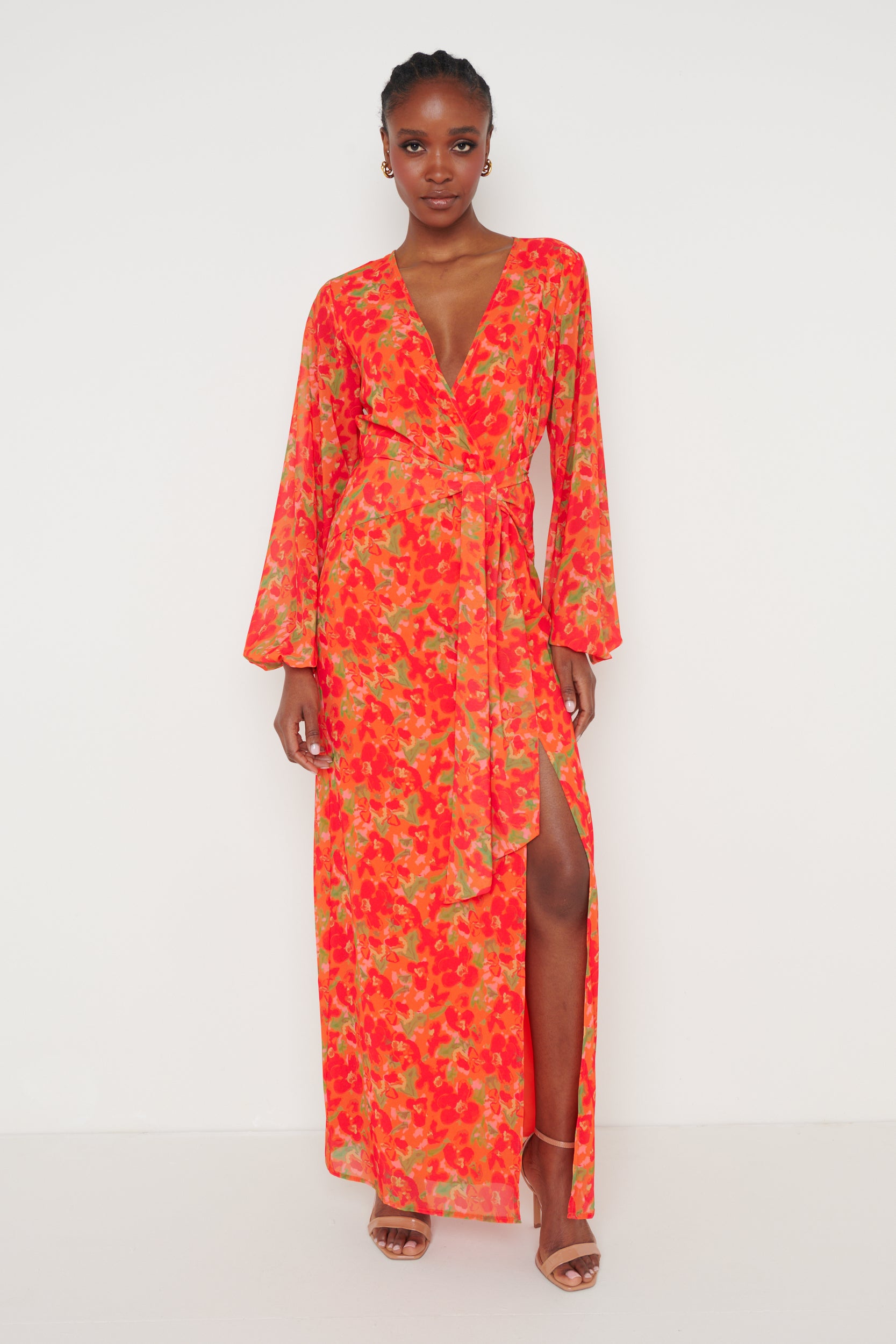 Alexis Knot Drape Dress - Red and Orange Floral, 14