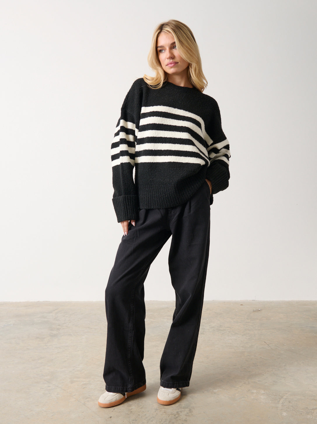 Camille Oversized Striped Borg Jumper - Black, S