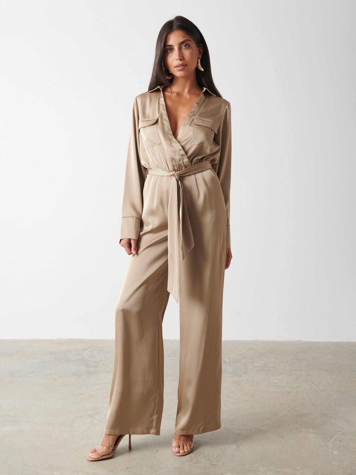 Carmen Satin Jumpsuit - Light Olive, 14