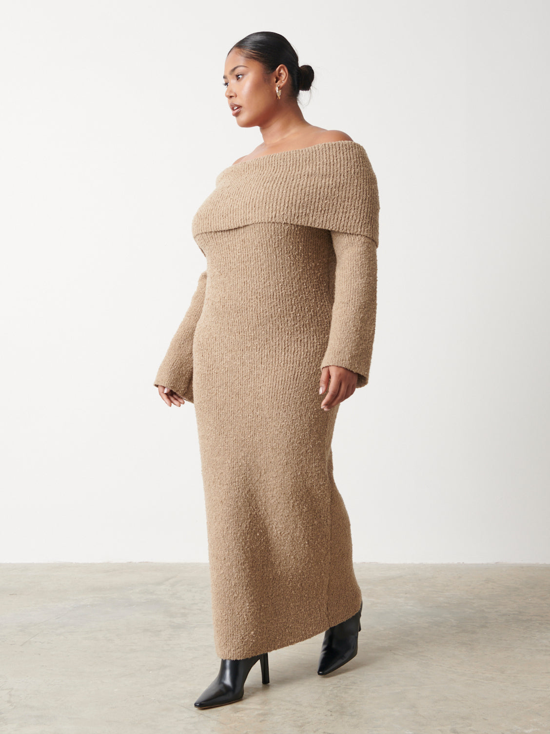 Elodie Midaxi Bardot Knit Dress Curve - Mushroom, XL