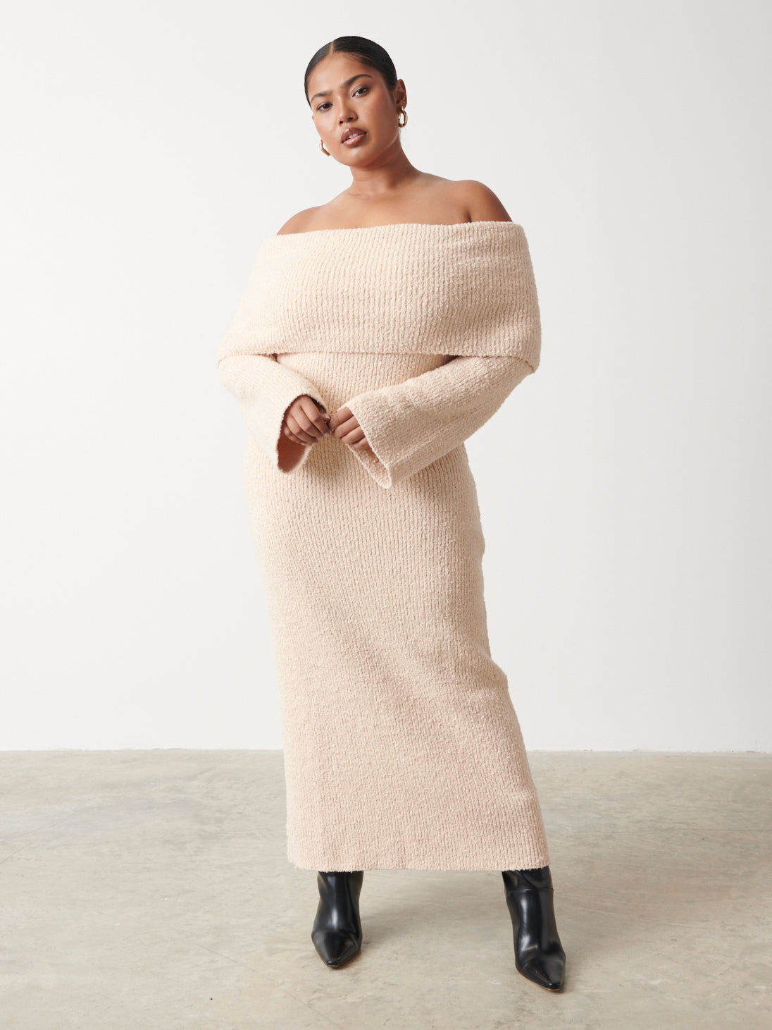 Elodie Midaxi Bardot Knit Dress Curve - Ecru, XL