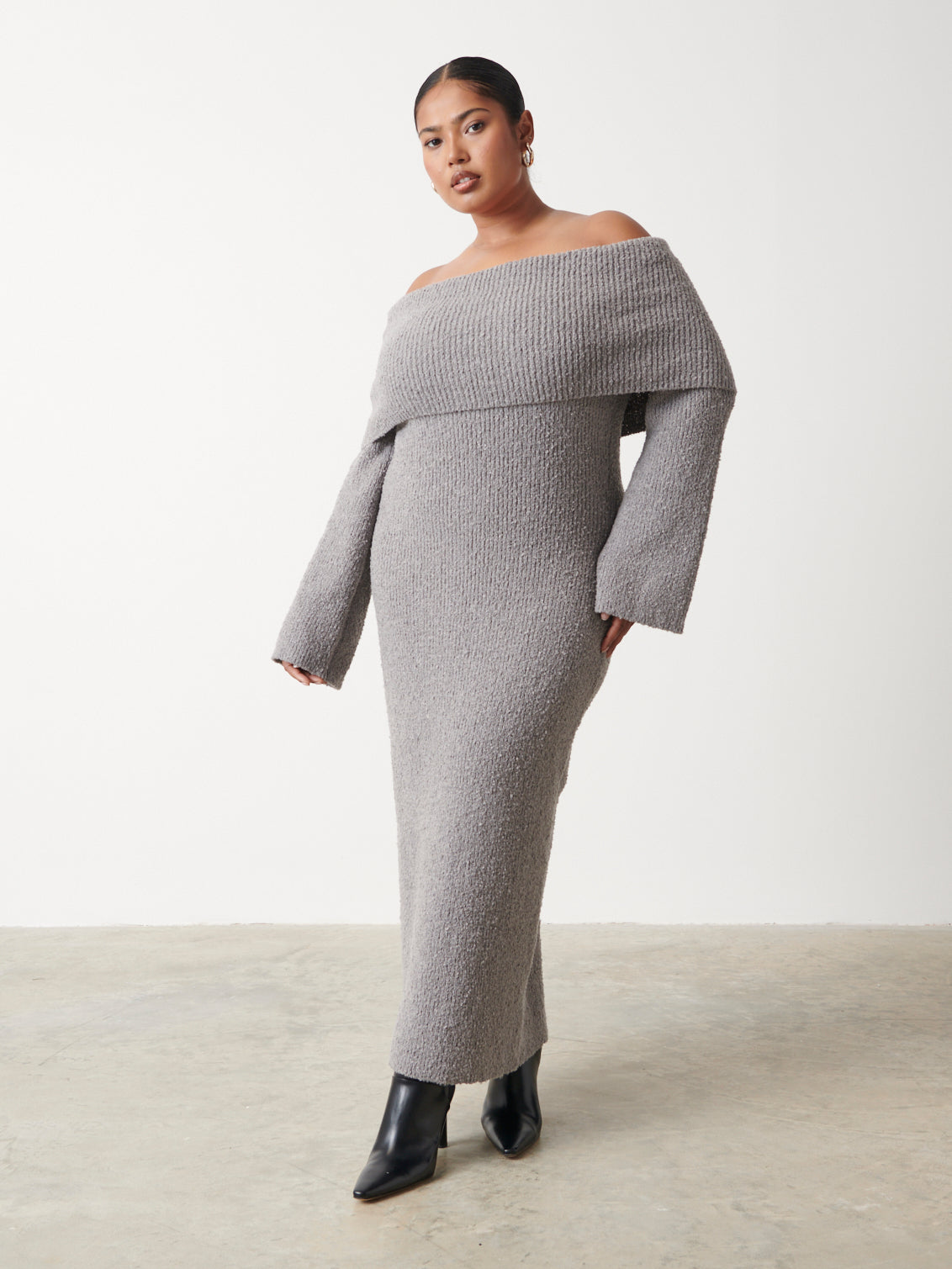 Elodie Midaxi Bardot Knit Dress Curve - Grey, XL