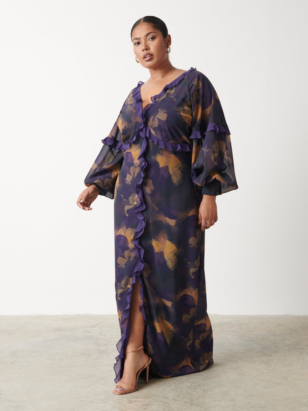 Francesca Frill Maxi Dress Curve - Dark Amethyst & Saffron Floral, 26