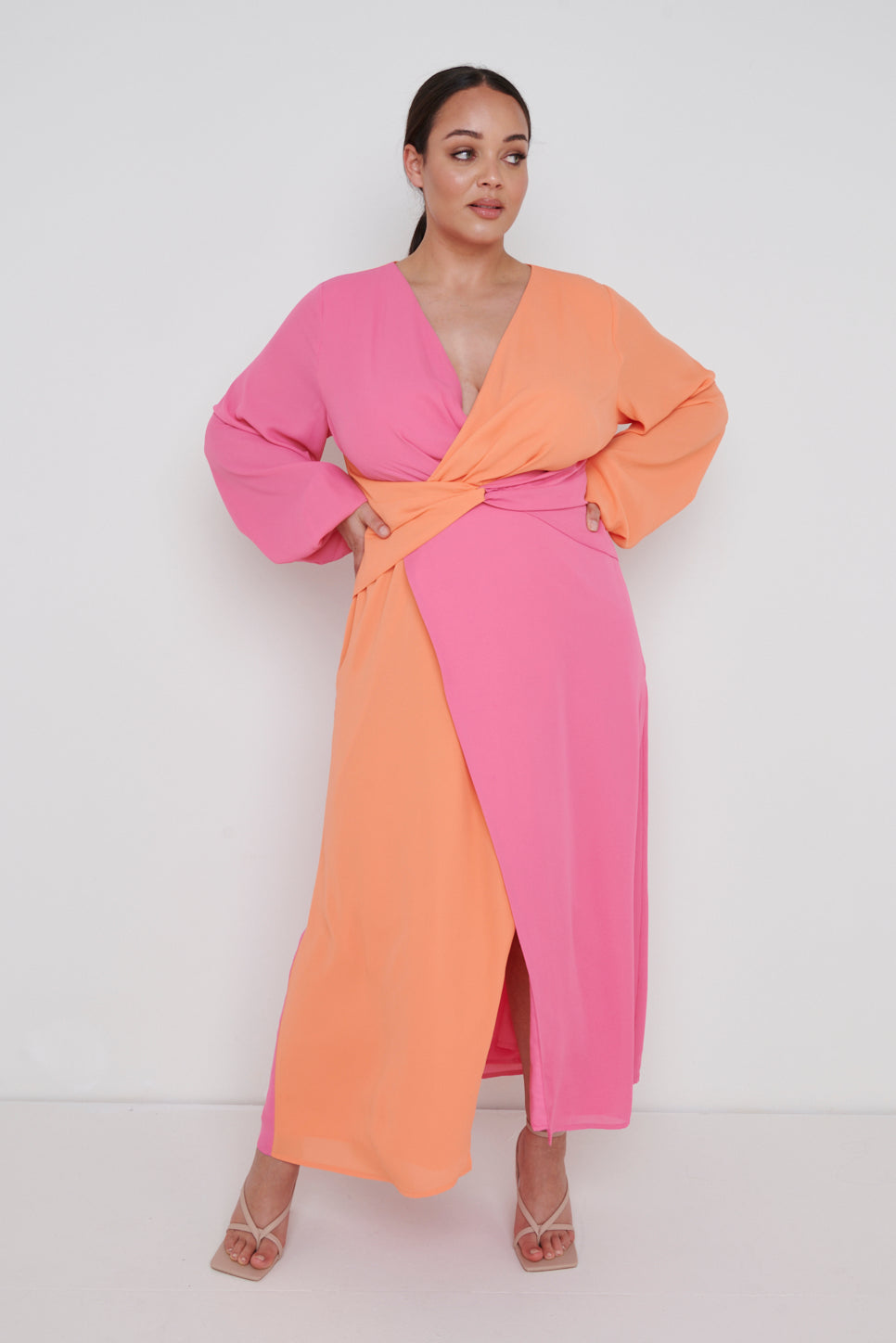 Frieda Knot Contrast Dress Curve - Orange and Pink, 26