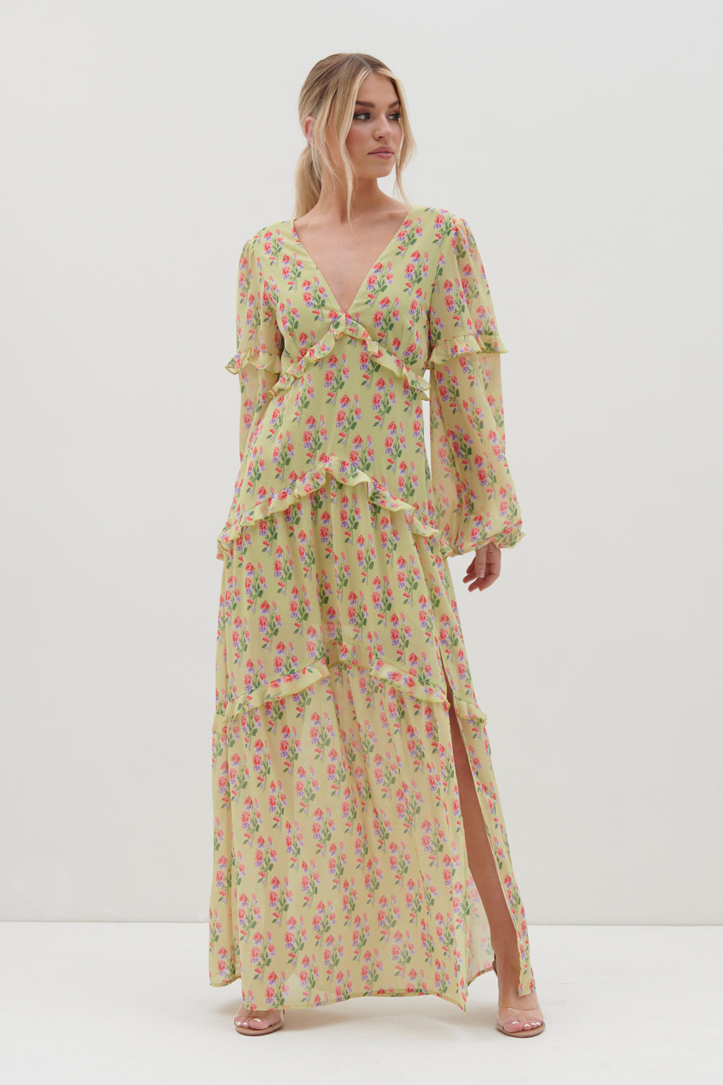 Kalina V Neck Ruffle Maxi Dress - Botanic Floral, 16