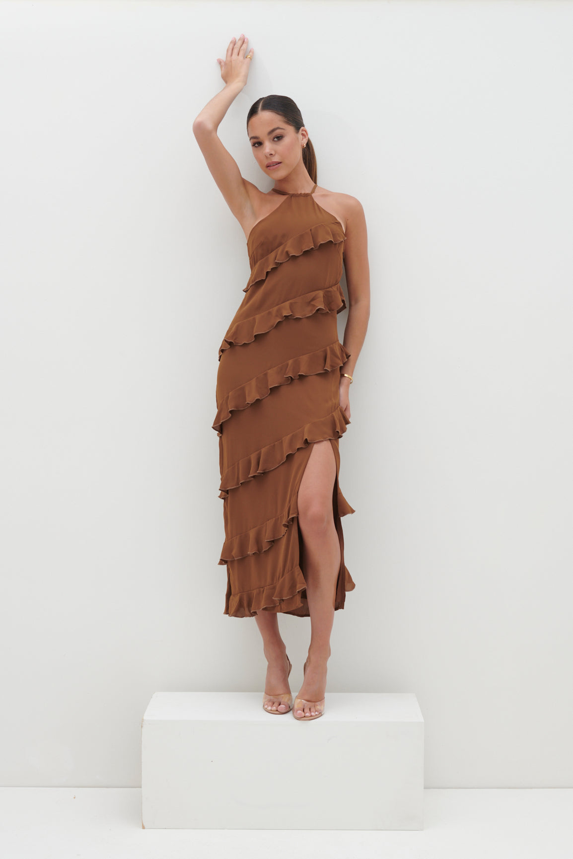 Katy Ruffle Midaxi Dress - Brown, 16