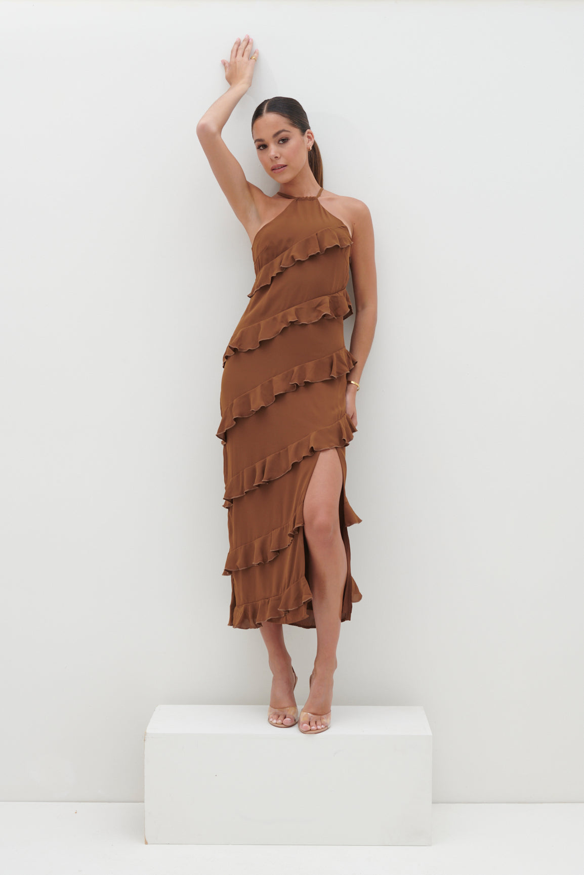 Katy Ruffle Midaxi Dress - Brown, 8