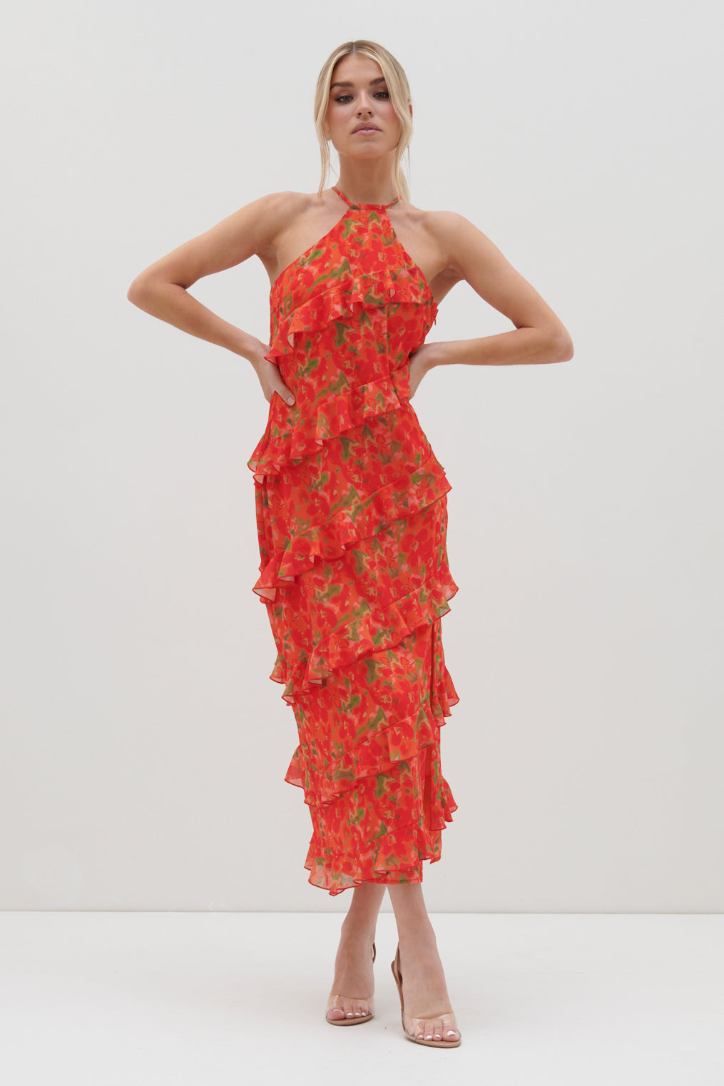 Katy Ruffle Midaxi Dress - Red and Orange Floral, 16