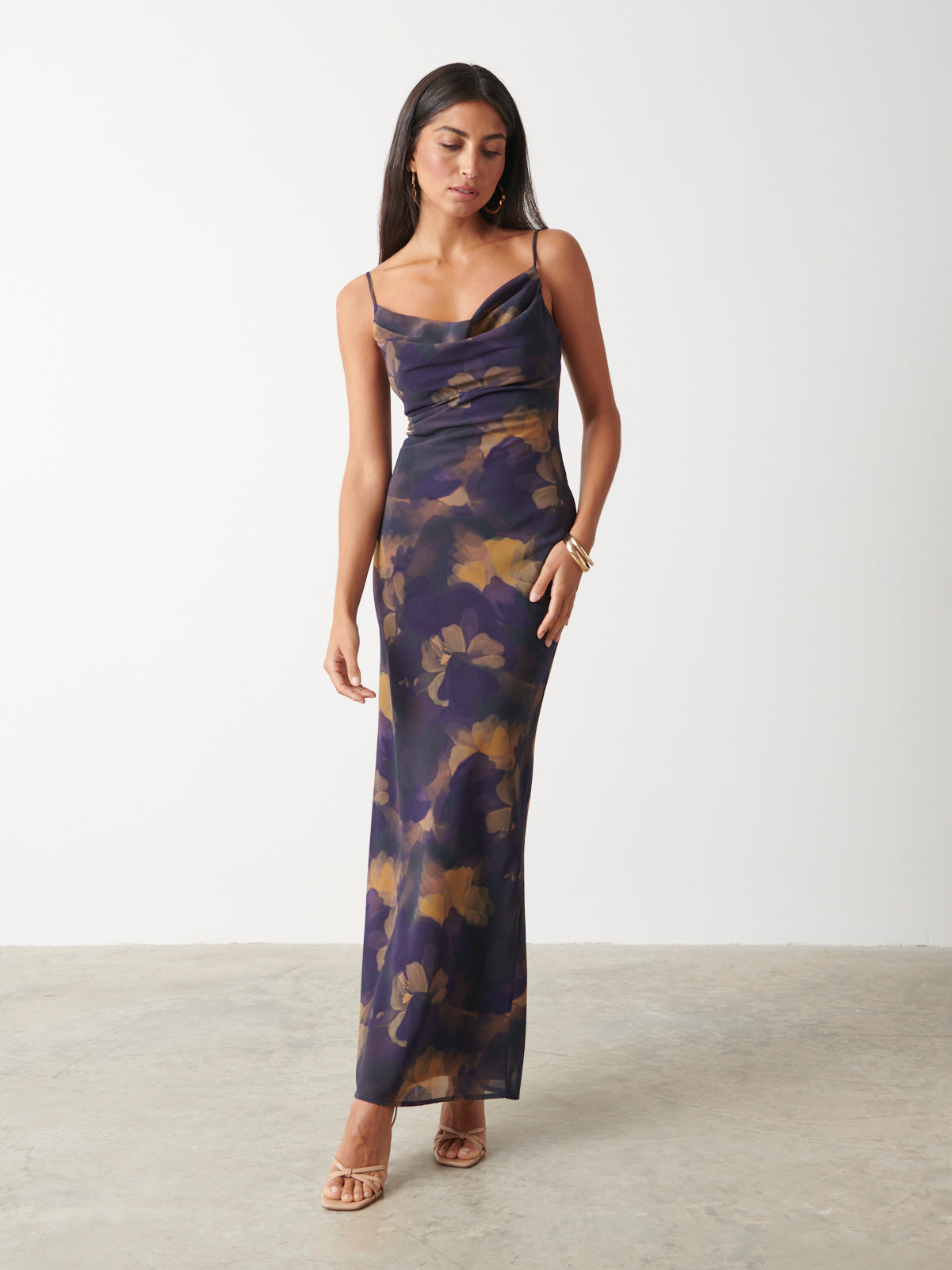 Keisha Printed Chiffon Maxi Dress - Dark Amethyst & Saffron Floral, 10