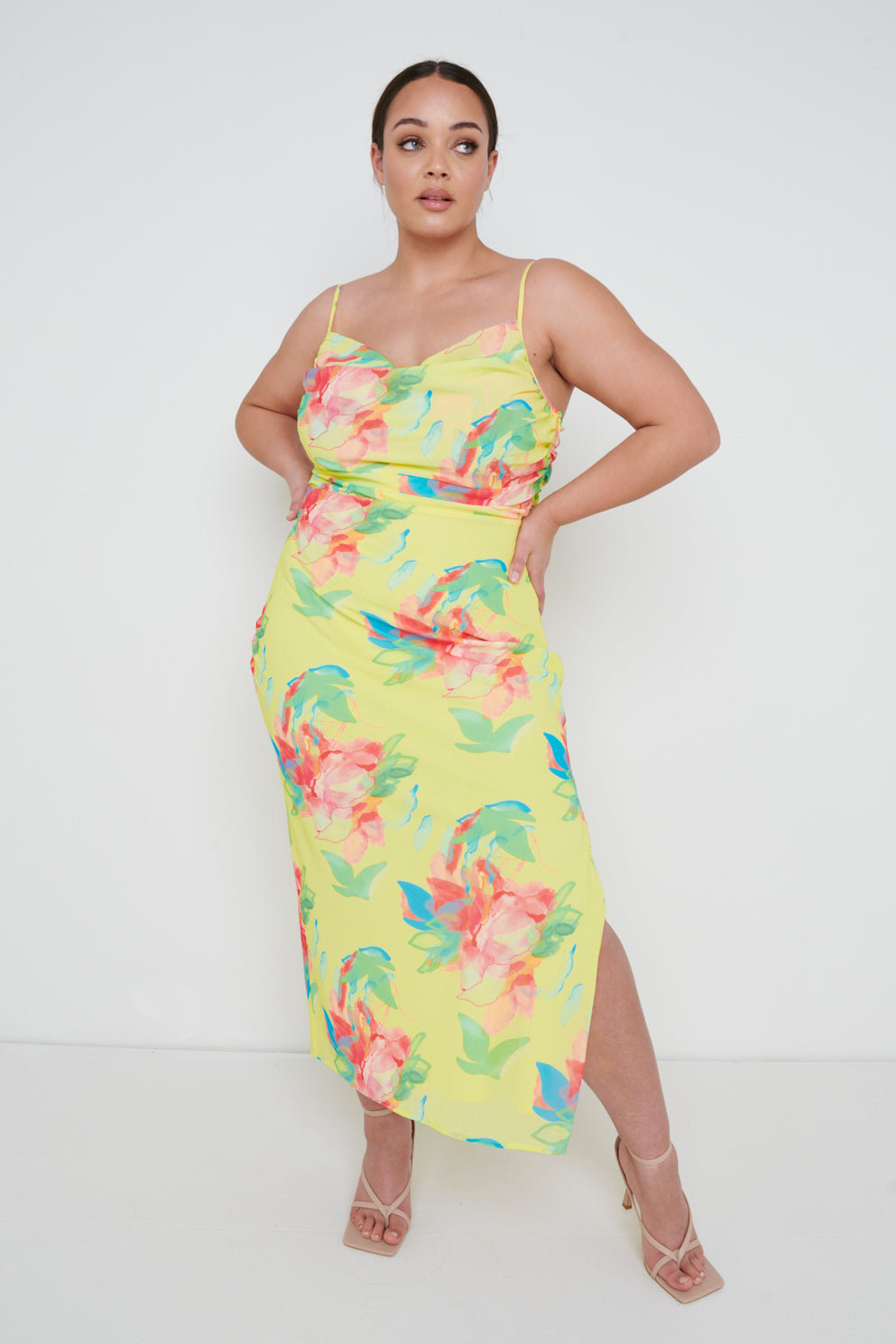 Keisha Ruched Midaxi Dress Curve - Lemon Abstract Floral, 26