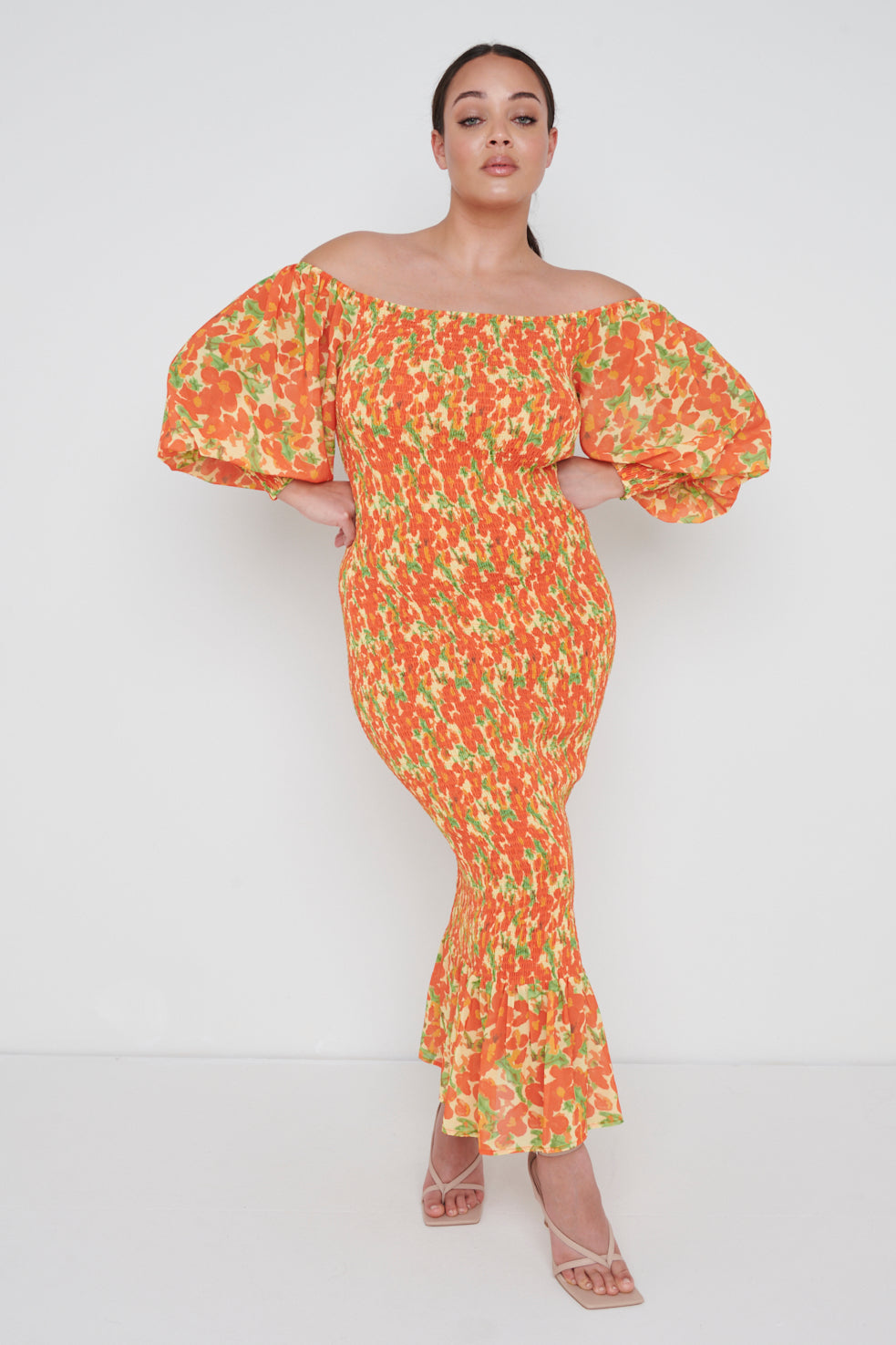 Leona Bardot Shirred Midaxi Dress Curve - Orange and Yellow Floral, 22