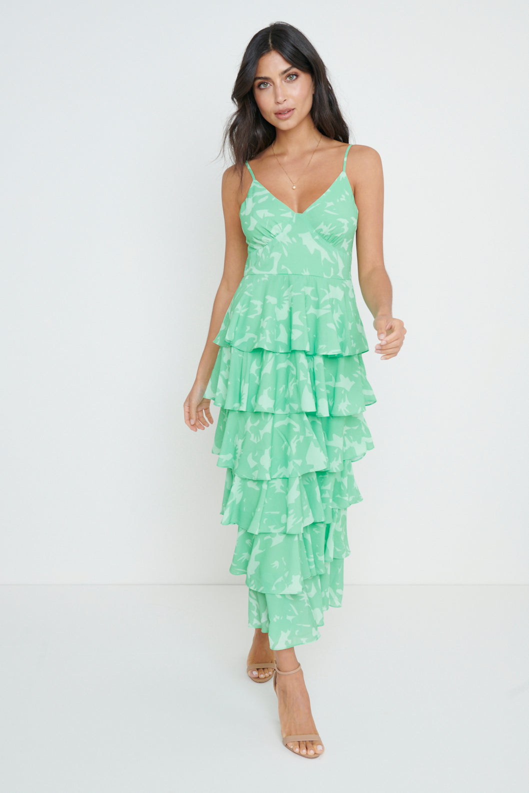 Lissy Ruffle Midaxi Dress - Green Floral, 22