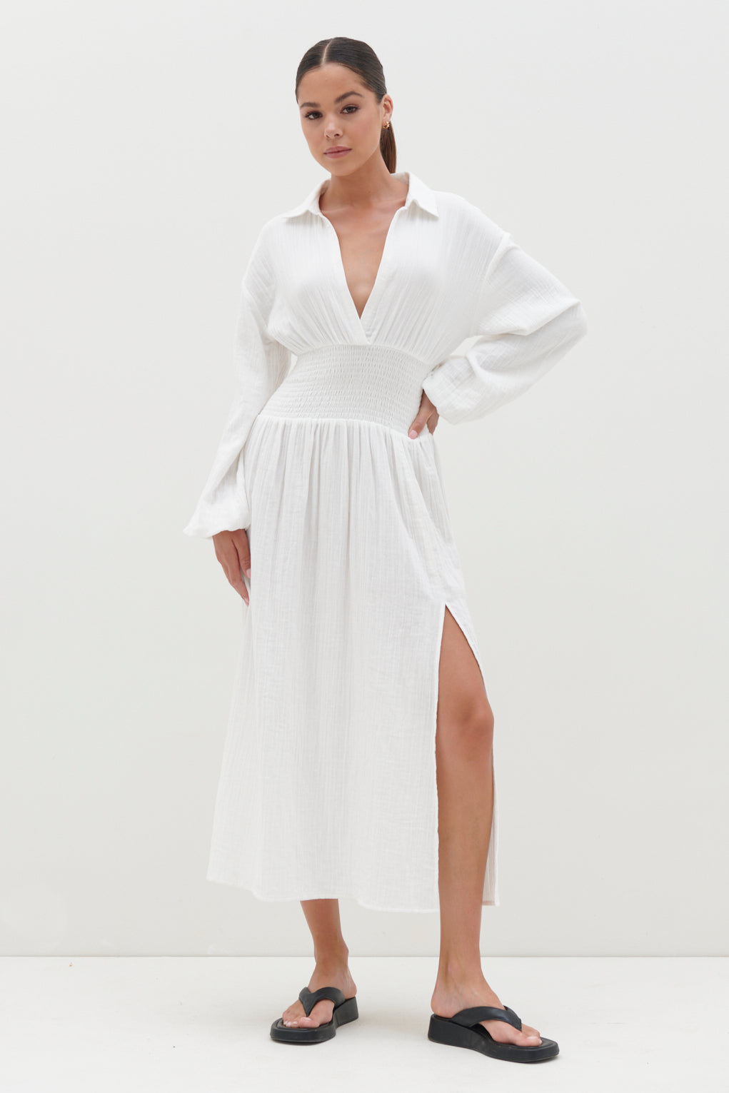 Loretta Shirred Midaxi Dress - White, 8