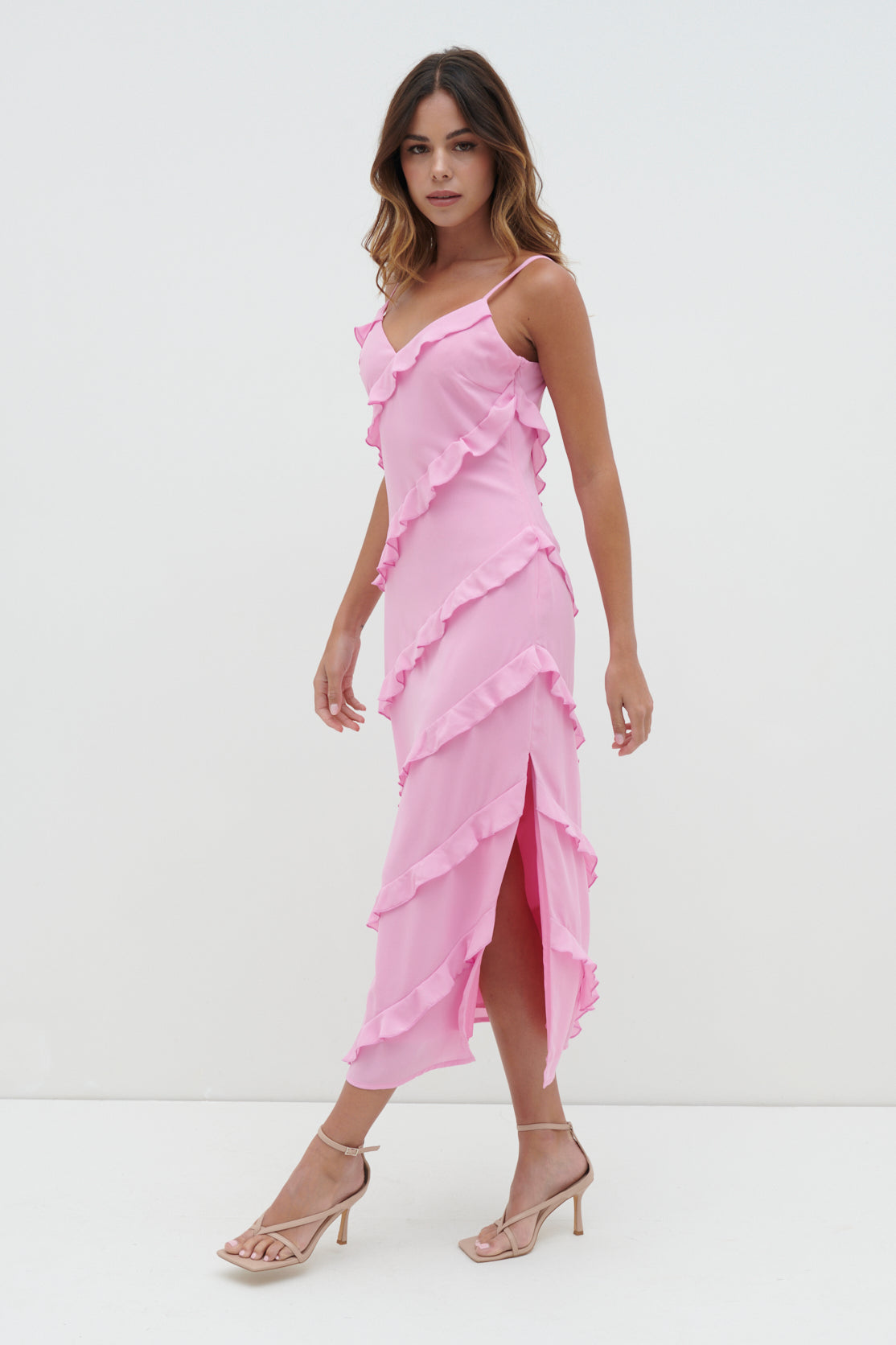 Nadine Ruffle Midaxi Dress - Posie Pink, 16