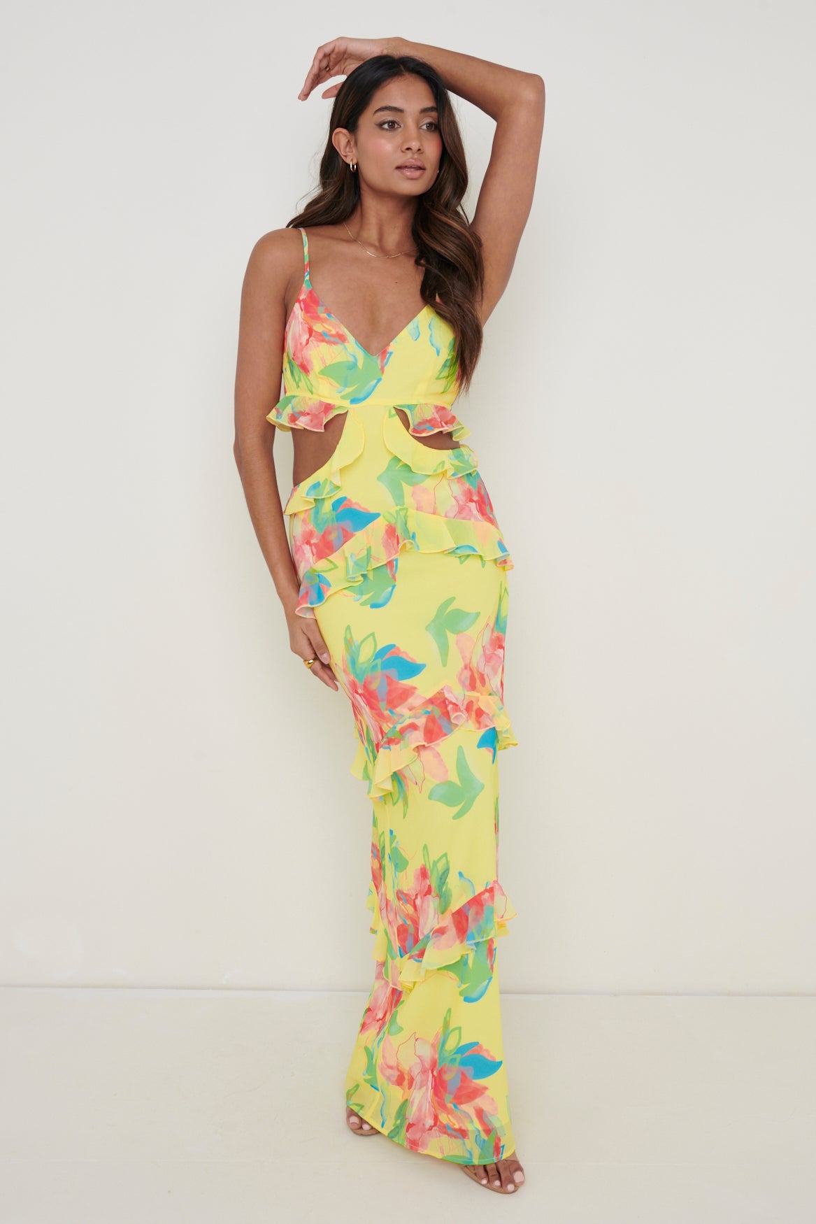 Rinna Cut Out Maxi Dress - Lemon Abstract Floral, 14