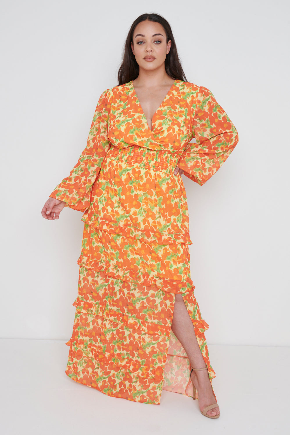 Rochelle Shirred Waist Maxi Dress Curve - Orange and Yellow Floral, 26