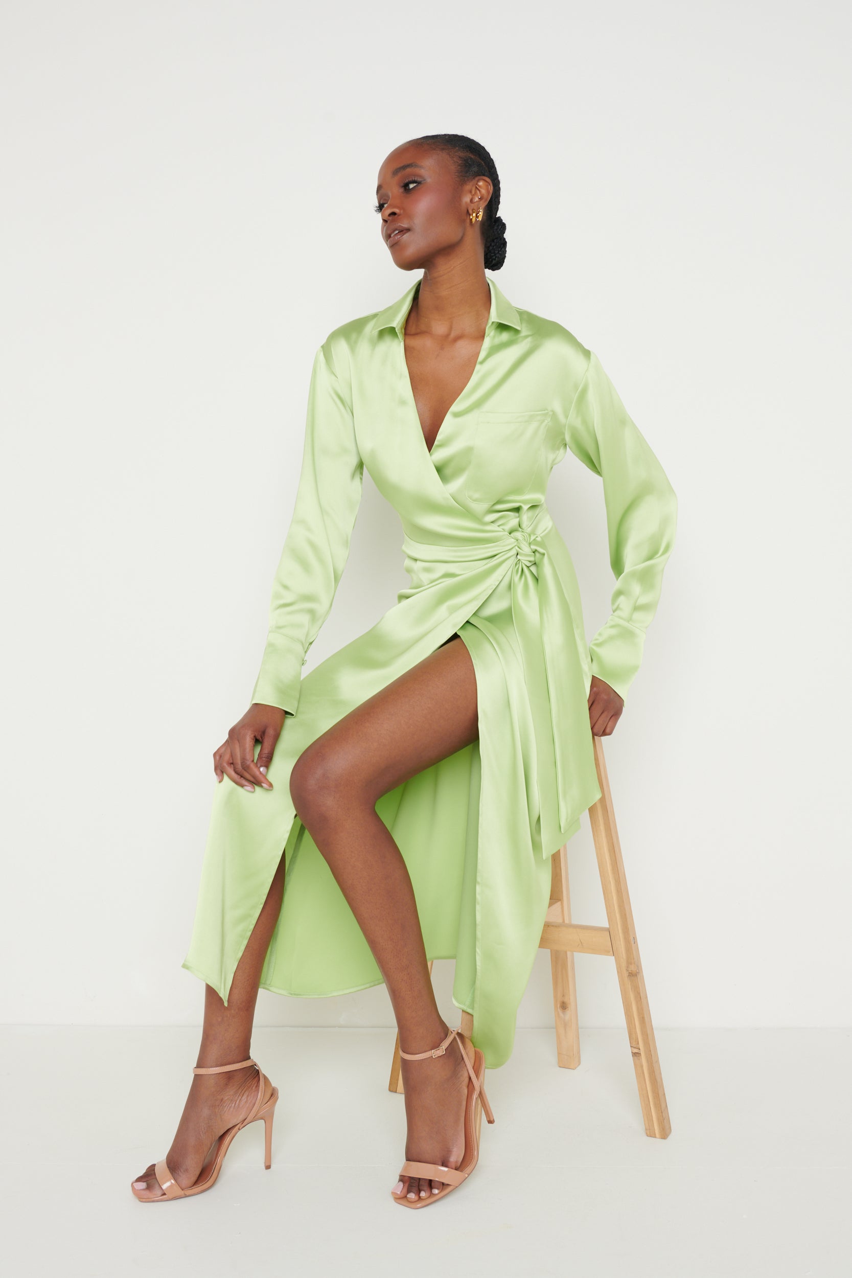 Ronnie Satin Wrap Dress - Apple Green, 10