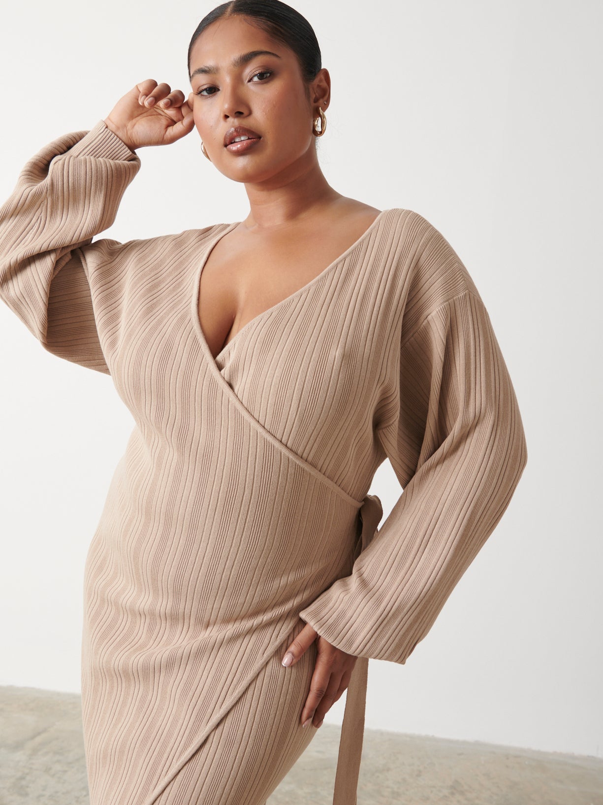 Shelby Mini Plisse Knit Dress Curve - Beige, XXL