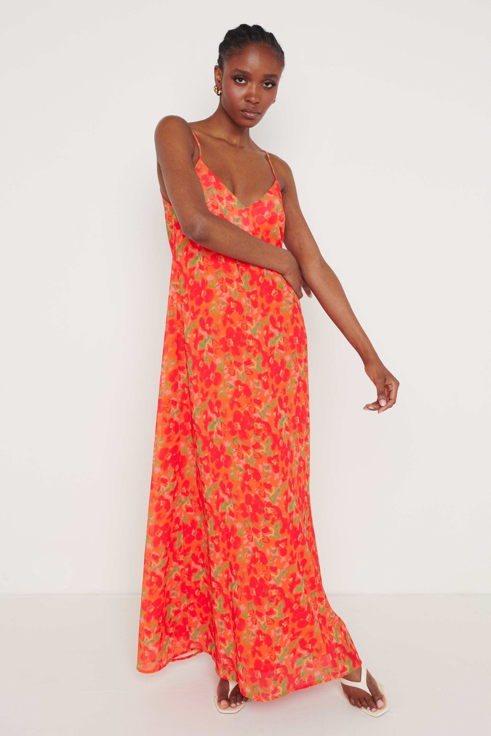 Tiana Trapeze Maxi Dress - Red and Orange Floral, 14